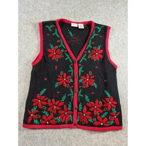 Vtg Y2K Bobbie Brooks Cardigan Sweater Womens Large Black Red Floral Sleeveless